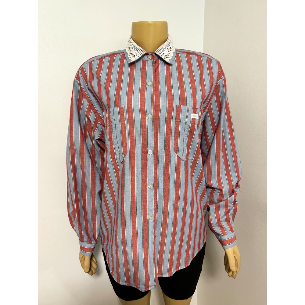 Dockers Vintage Red Blue Striped Cotton Button Down Shirt Lace Collar Womens M